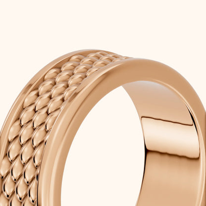 Nitya Carved Step Edge Wedding Band in Rose Gold - slant-view