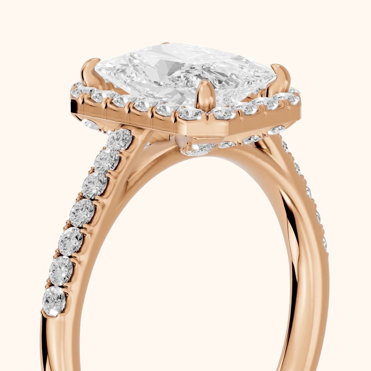 Alma Halo Pavé Radiant Diamond Engagement Ring in Rose Gold - slant-view.webp