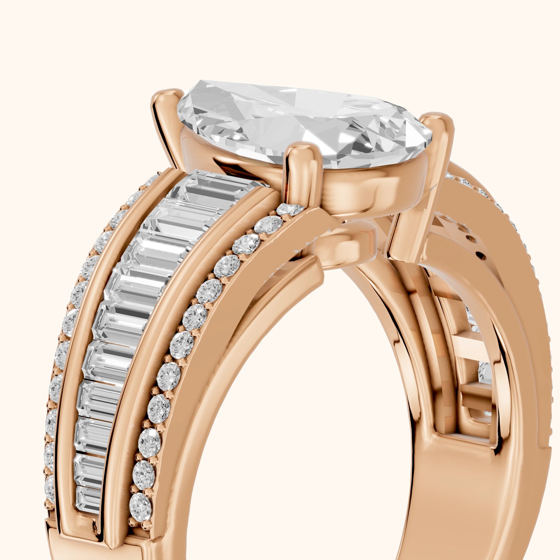 Halle Channel Set Baguette Accent Pear Diamond Engagement Ring in Rose Gold - slant-view.webp