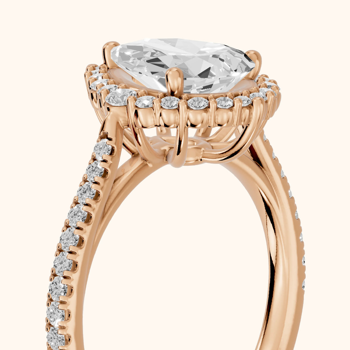 Melody Halo Cathedral Pear Diamond Engagement Ring in Rose Gold - slant-view.webp