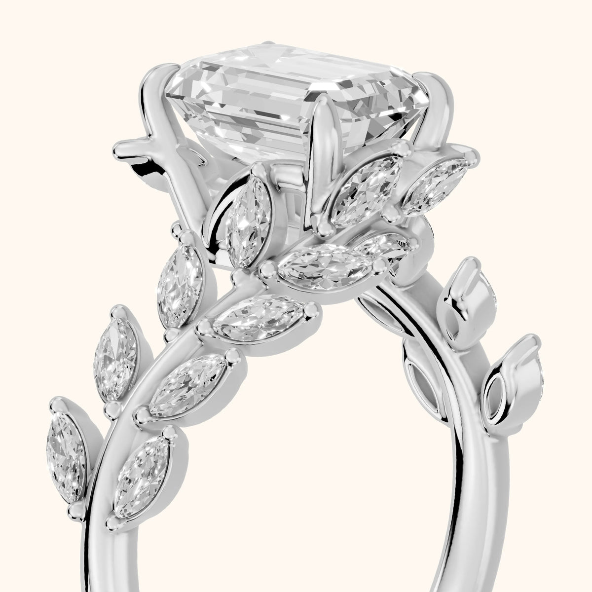 Clarion Leaf Bypass Emerald Diamond Engagement Ring in White Gold - slant-view.webp