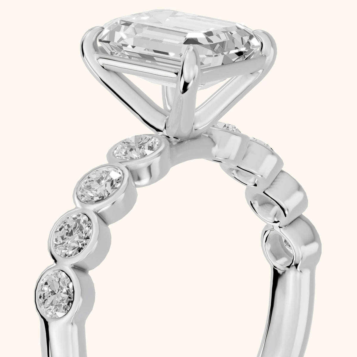Edie Beaded Bezel Emerald Diamond Engagement Ring in Silver - slant-view.webp