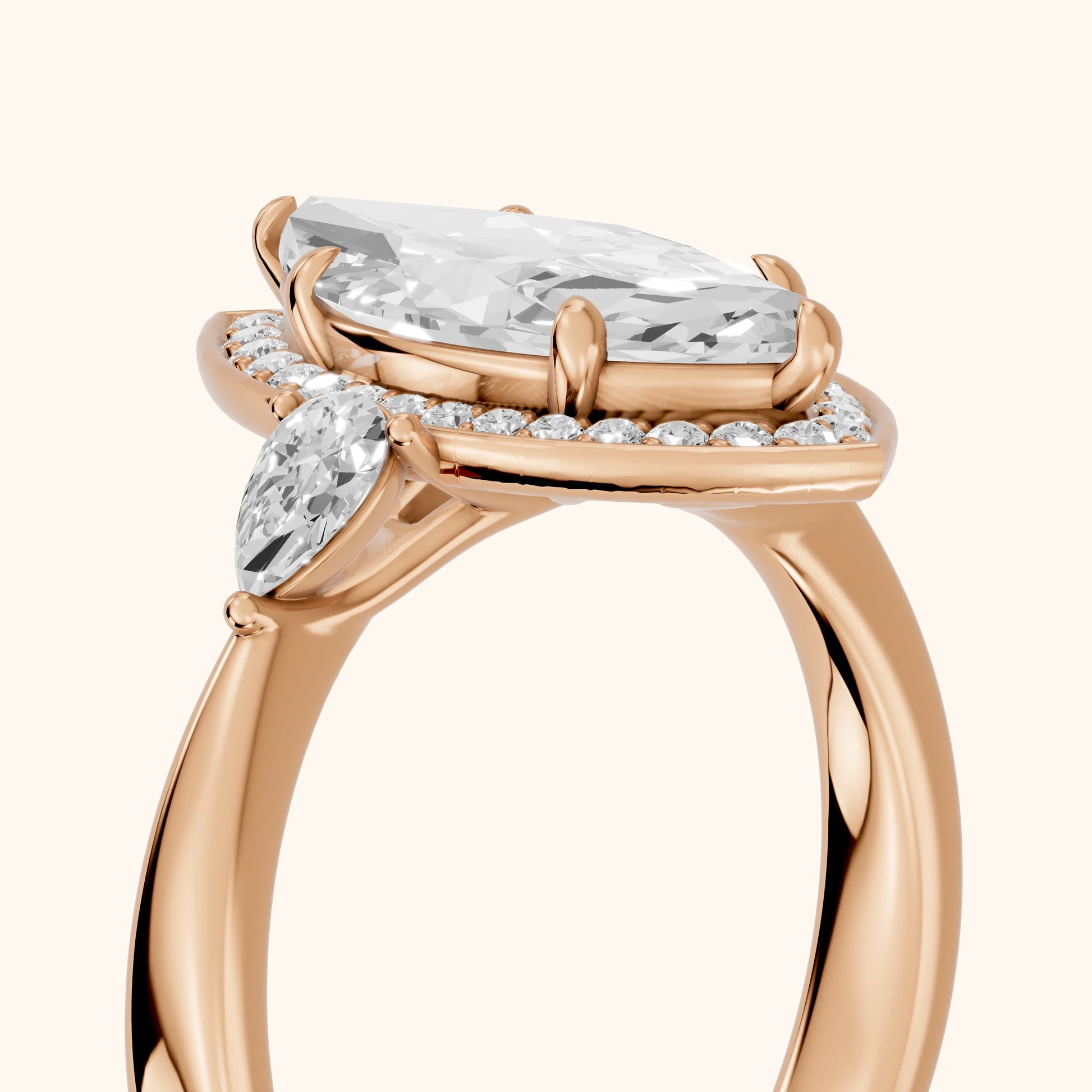 Eliza Halo Sidestone Marquise Diamond Engagement Ring in Rose Gold - slant-view.webp