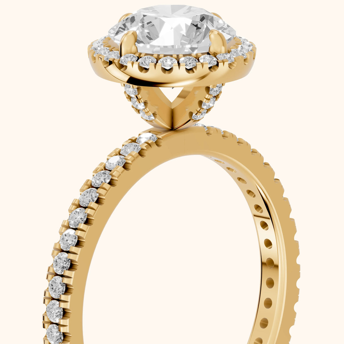 Rosemary Halo Pavé Round Diamond Engagement Ring in Yellow Gold - slant-view.webp