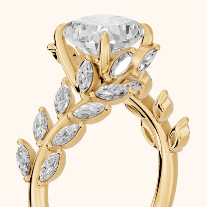 Clarion Leaf Bypass Cushion Diamond Engagement Ring in Yellow Gold - slant-view.webp
