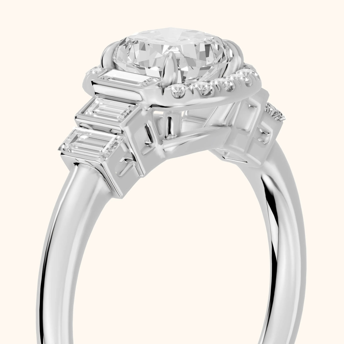 Antonia Baguette Halo Cushion Diamond Engagement Ring in Platinum - slant-view.webp