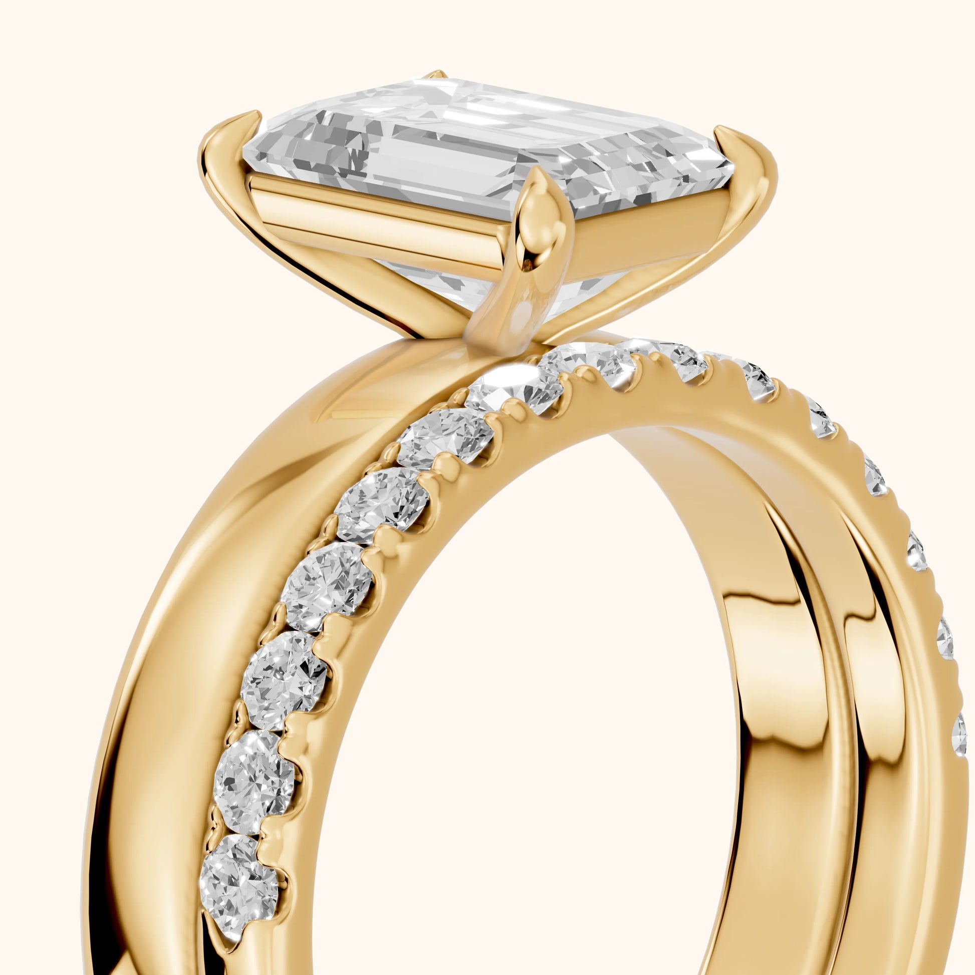 Veda Split Shank Pavé Emerald Diamond Engagement Ring in Yellow Gold - slant-view.webp