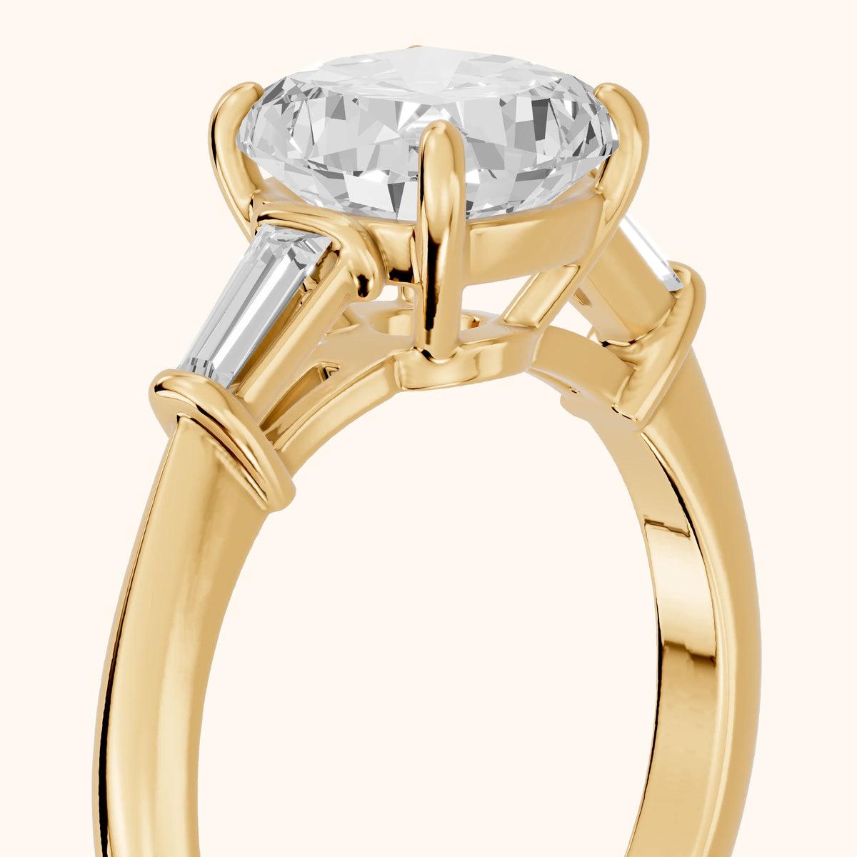 Abby Baguette Three-Stone Cushion Diamond Engagement Ring in Yellow Gold - slant-view.webp