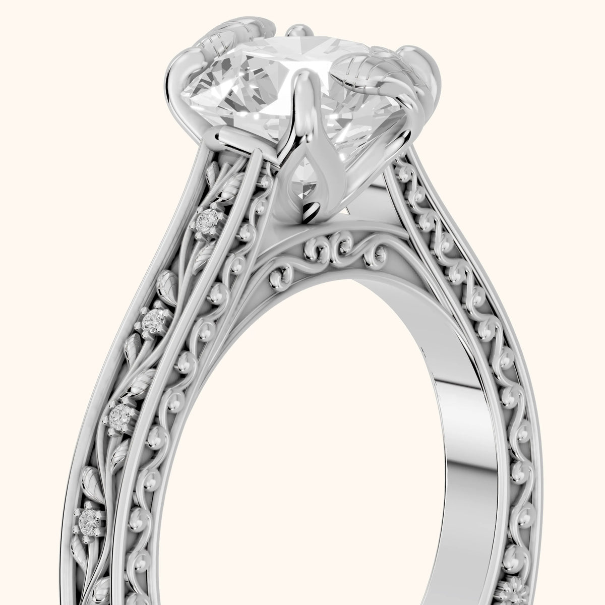 Laguna Vintage Vine Round Diamond Engagement Ring in White Gold - slant-view.webp