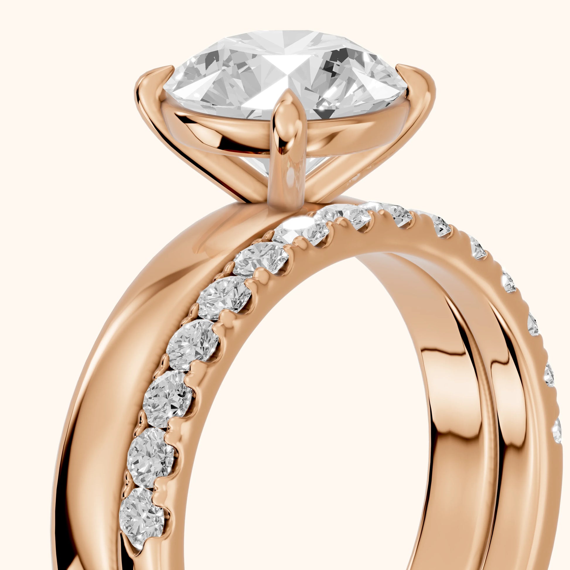 Veda Split Shank Pavé Round Diamond Engagement Ring in Rose Gold - slant-view.webp