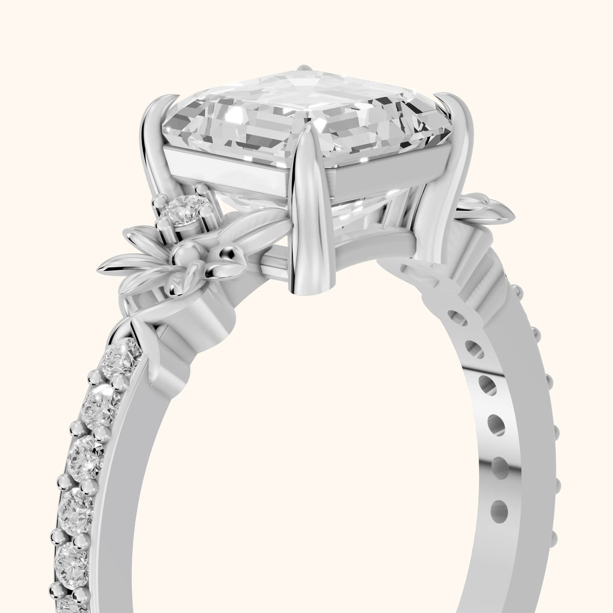 Leland Floral Pavé Asscher Diamond Engagement Ring in Silver - slant-view.webp