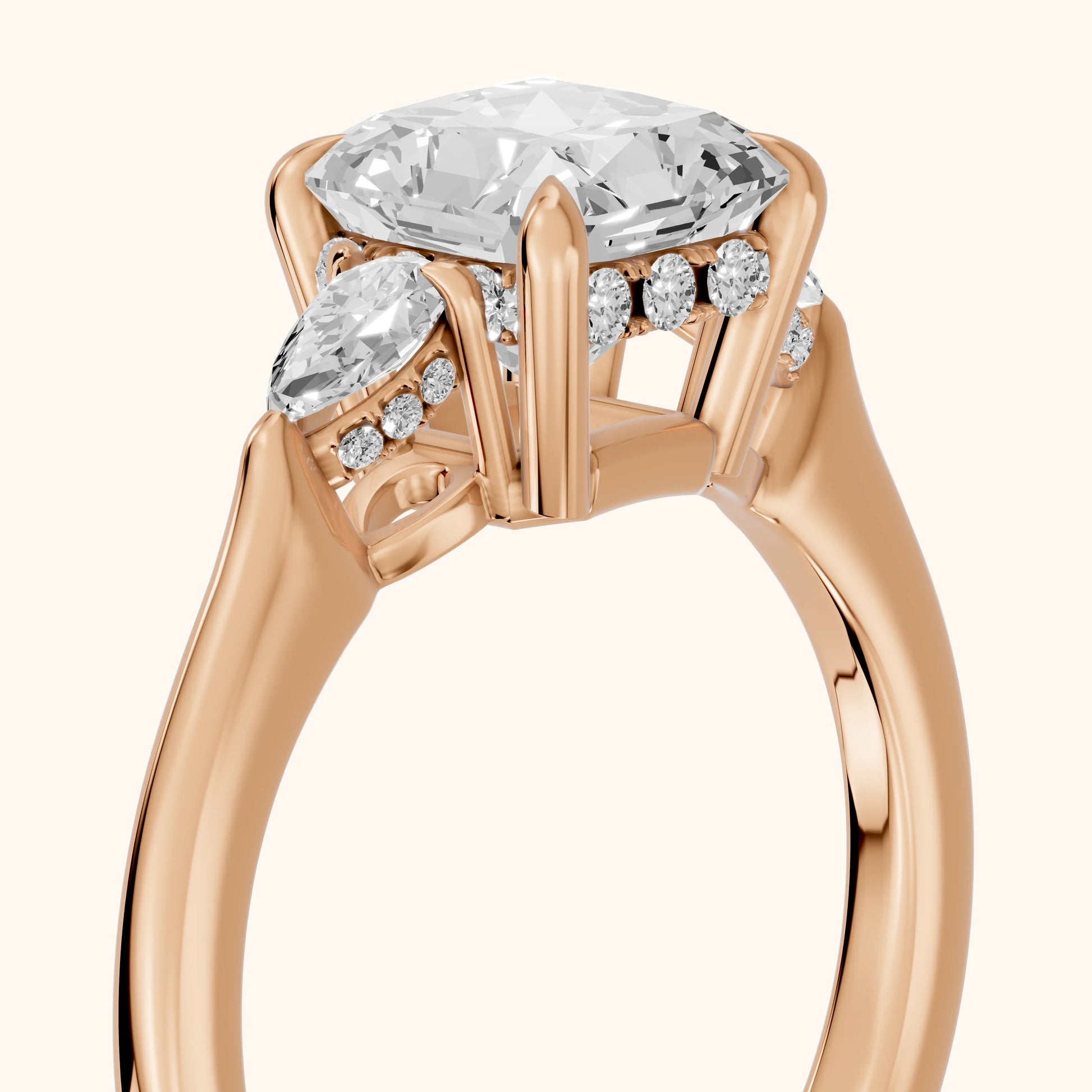 Leila Three-Stone Radiant Diamond Engagement Ring in Rose Gold - slant-view.webp