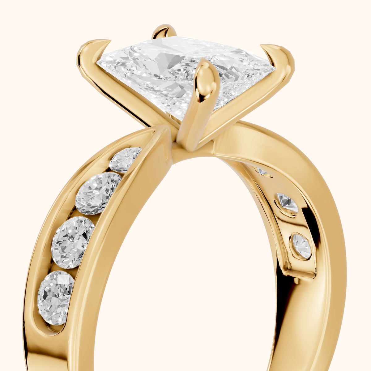 Rosalie Channel Set Sidestone Radiant Diamond Engagement Ring in Yellow Gold - slant-view.webp