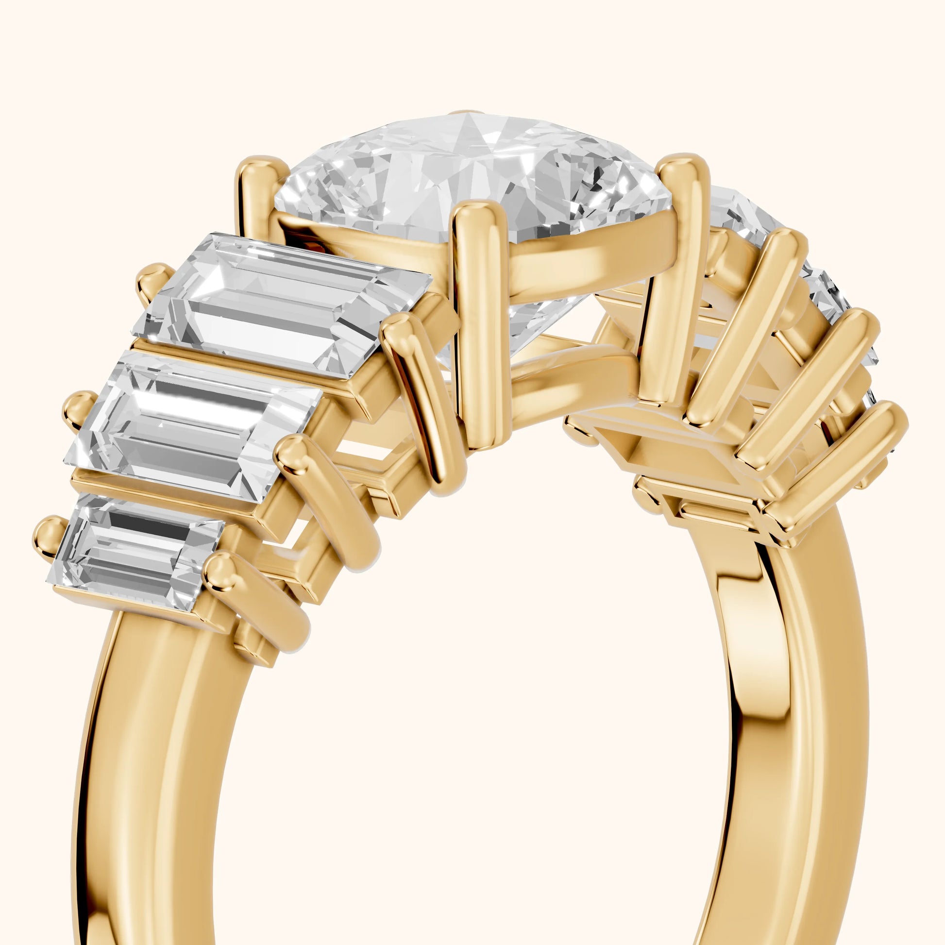 Mara Sidestone Baguette Accent Cushion Diamond Engagement Ring in Yellow Gold - slant-view.webp