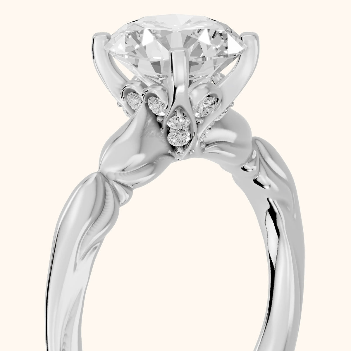 Verena Engraved Leaf Round Diamond Engagement Ring in Platinum - slant-view.webp