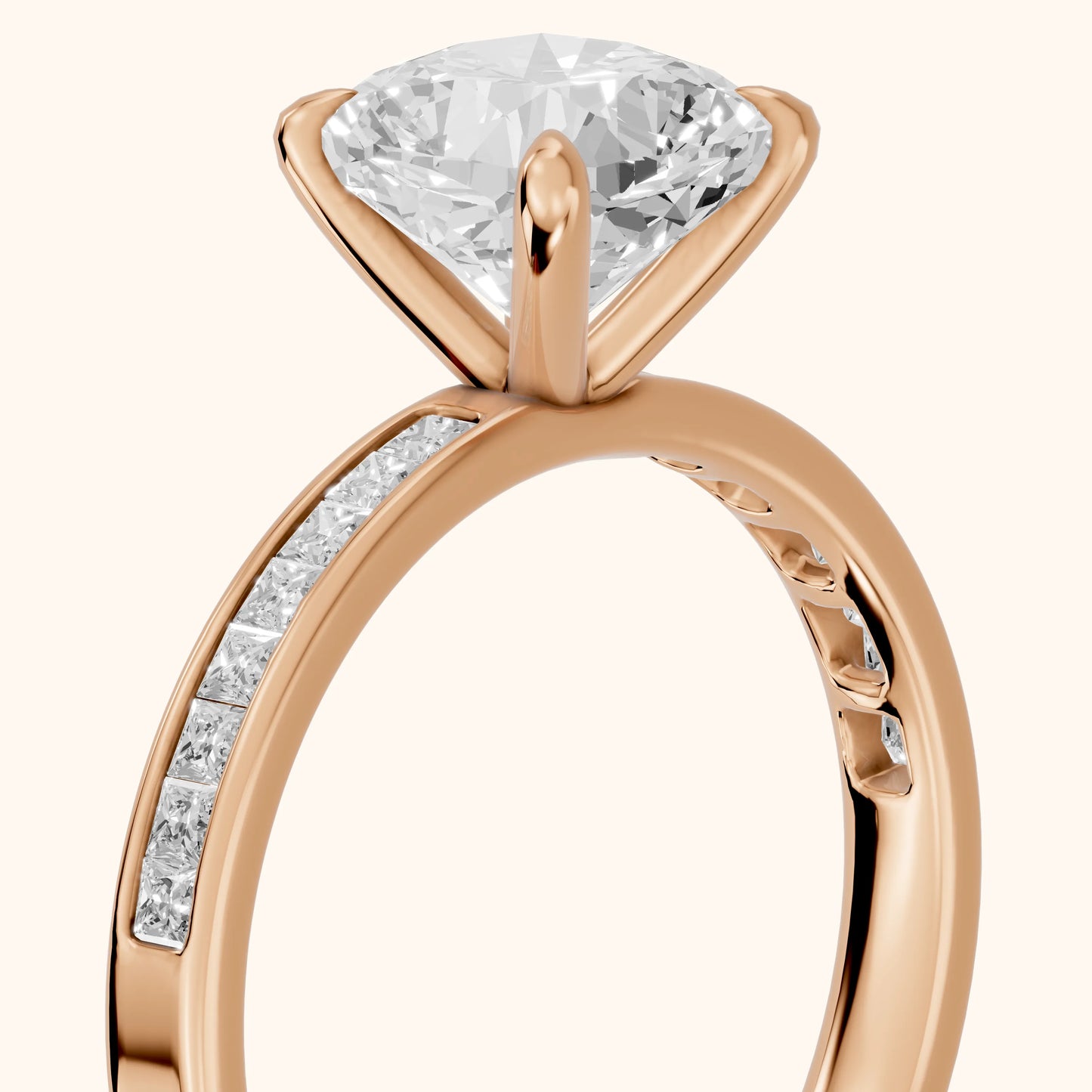 Maren Sidestone Channel Set Cushion Diamond Engagement Ring in Rose Gold - slant-view.webp