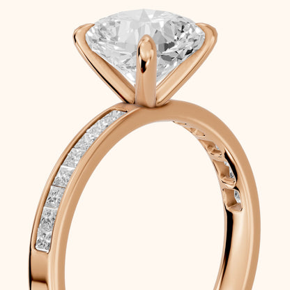Maren Sidestone Channel Set Cushion Diamond Engagement Ring in Rose Gold - slant-view.webp
