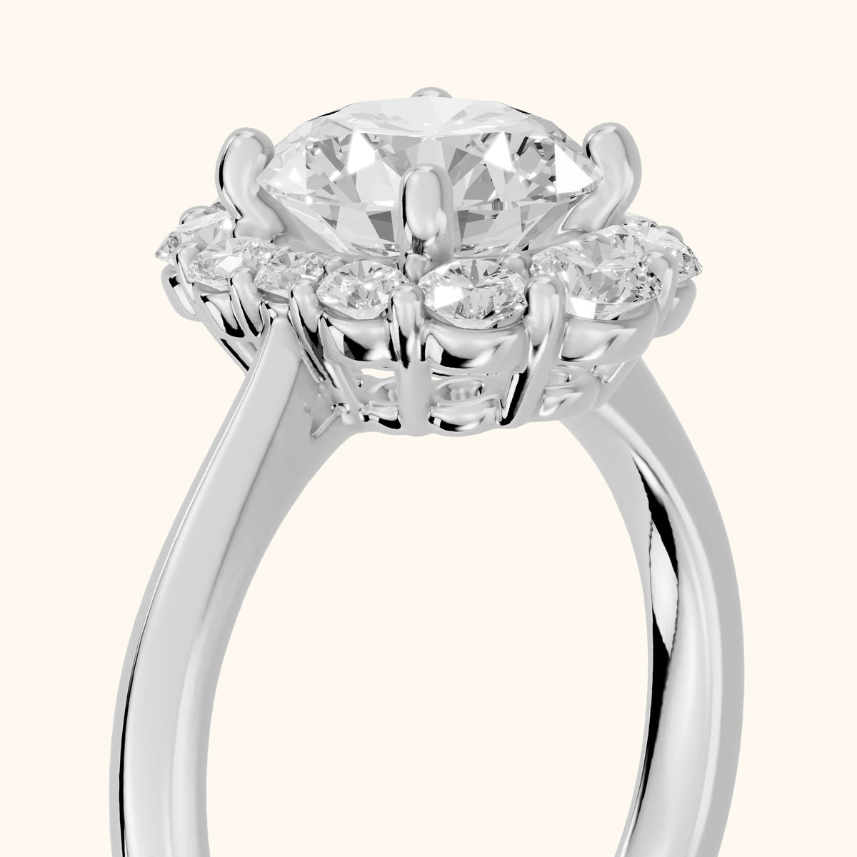 Essex Floral Halo Round Diamond Engagement Ring in White Gold - slant-view.webp