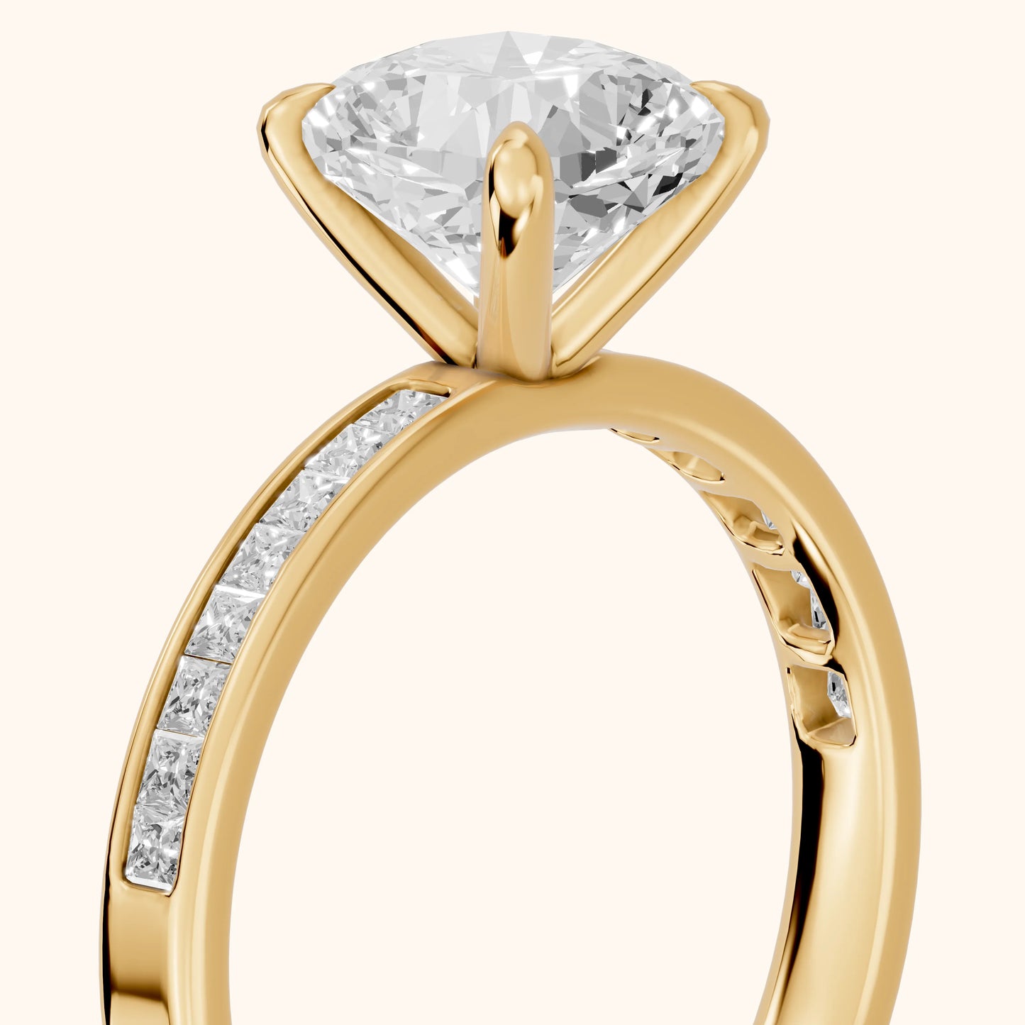 Maren Sidestone Channel Set Cushion Diamond Engagement Ring in Yellow Gold - slant-view.webp