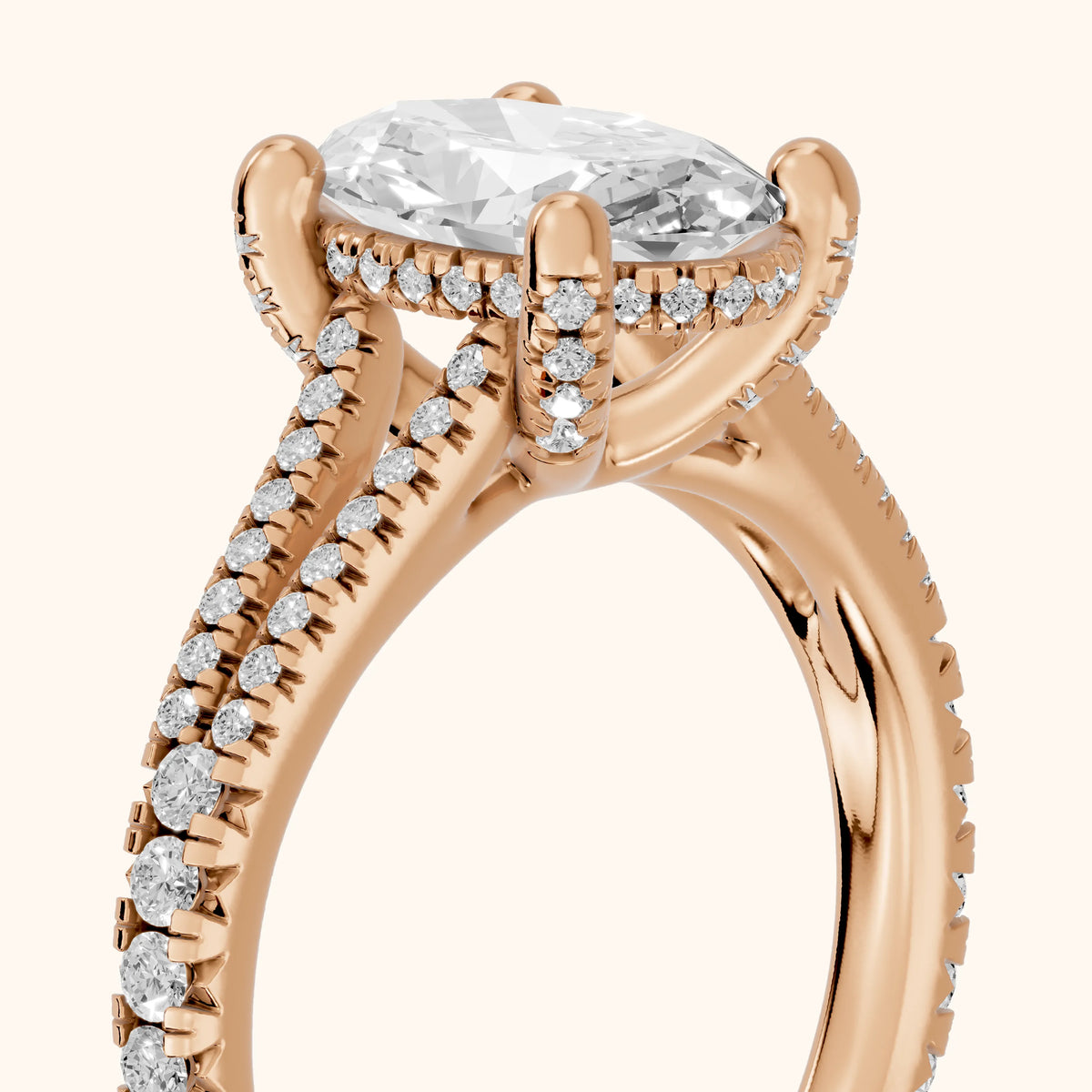 Giovanna Hidden Halo Split Shank Oval Diamond Engagement Ring in Rose Gold - slant-view.webp
