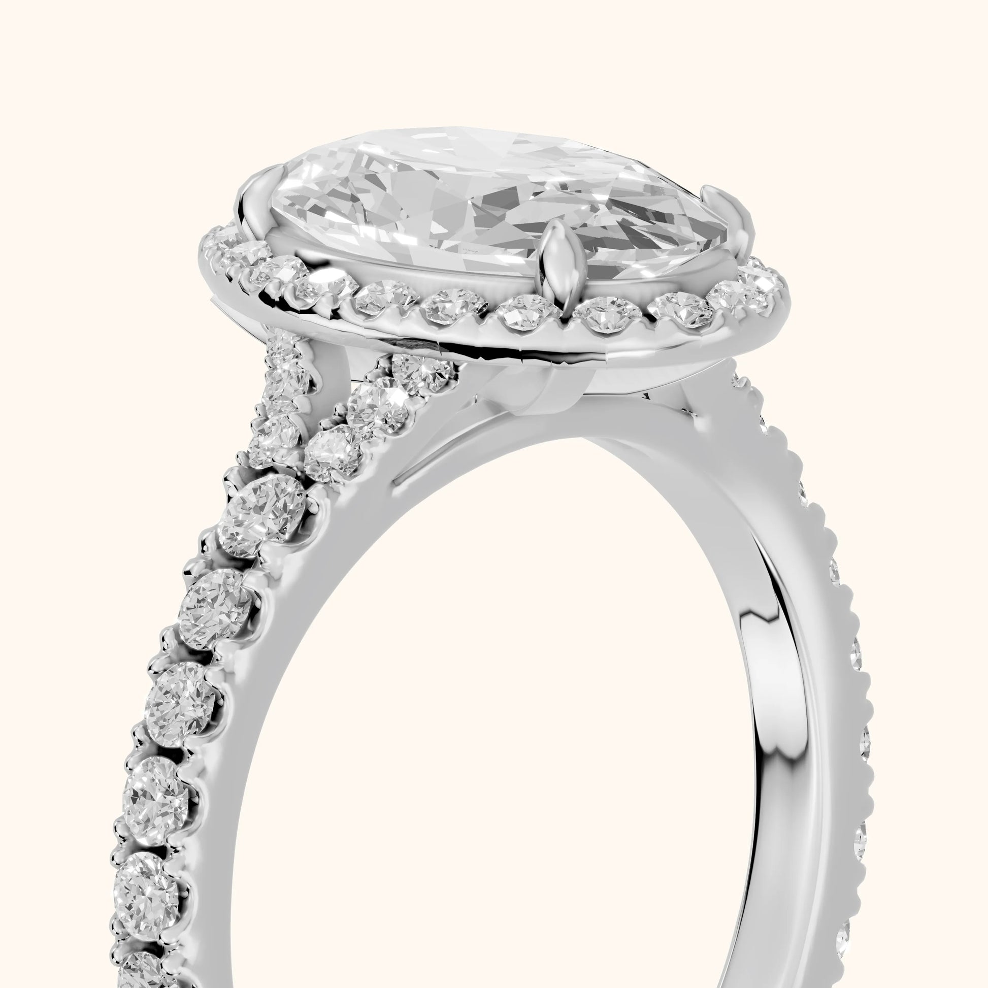 Bella Halo Pavé Oval Diamond Engagement Ring in Platinum - slant-view.webp