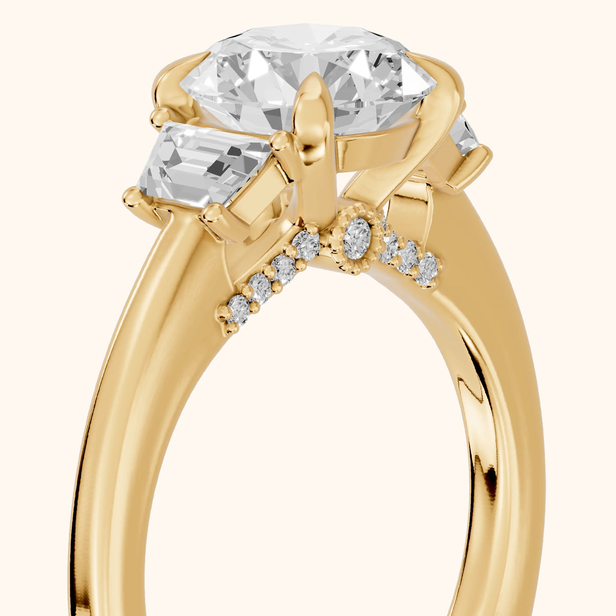 Irvine Trapezoid Three-Stone Round Diamond Engagement Ring in Yellow Gold - slant-view.webp