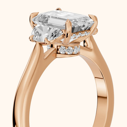 Romy Three-Stone Emerald Diamond Engagement Ring in Rose Gold - slant-view.webp