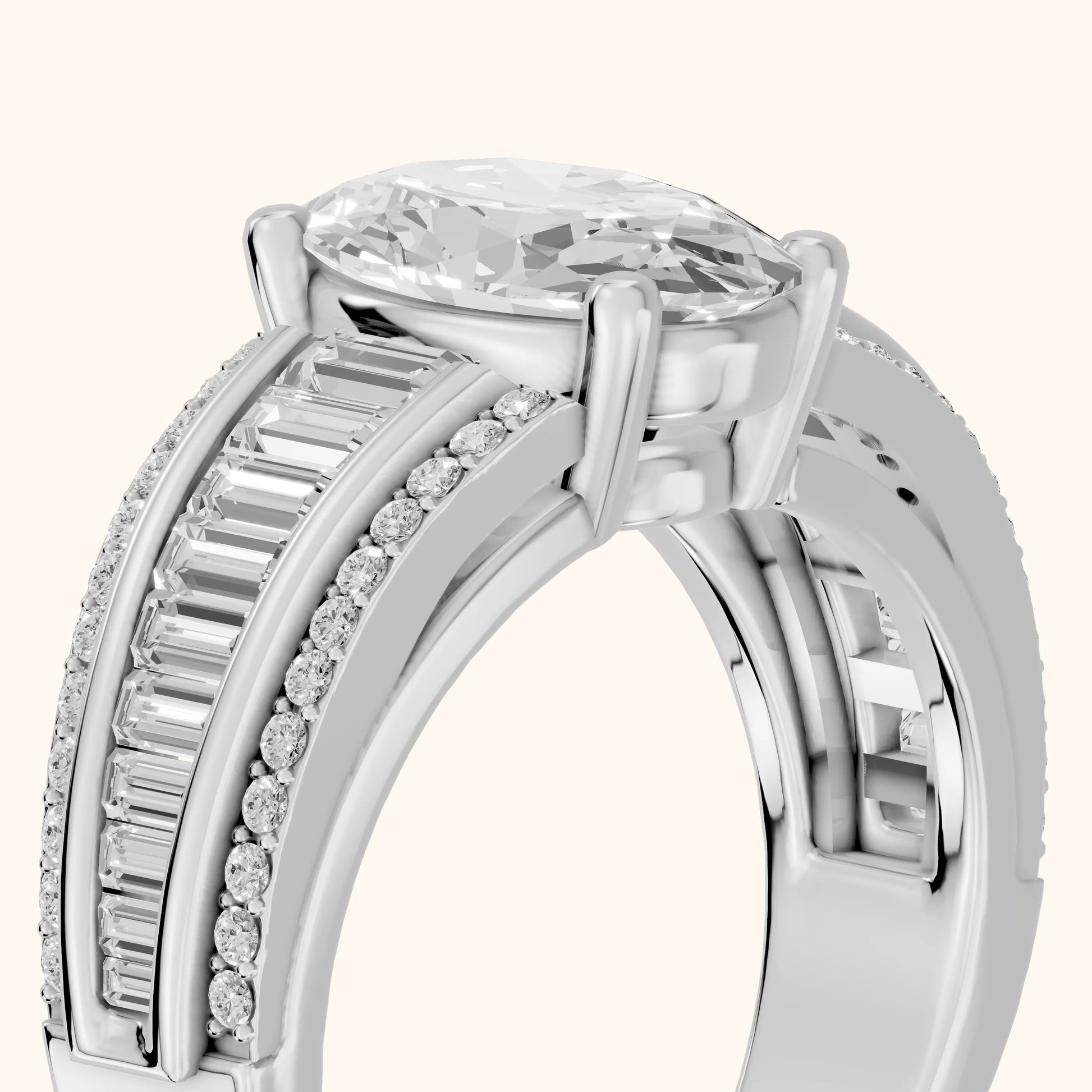 Halle Channel Set Baguette Accent Oval Diamond Engagement Ring in Silver - slant-view.webp