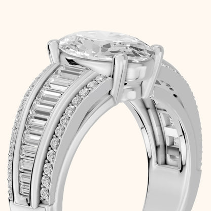 Halle Channel Set Baguette Accent Oval Diamond Engagement Ring in Silver - slant-view.webp