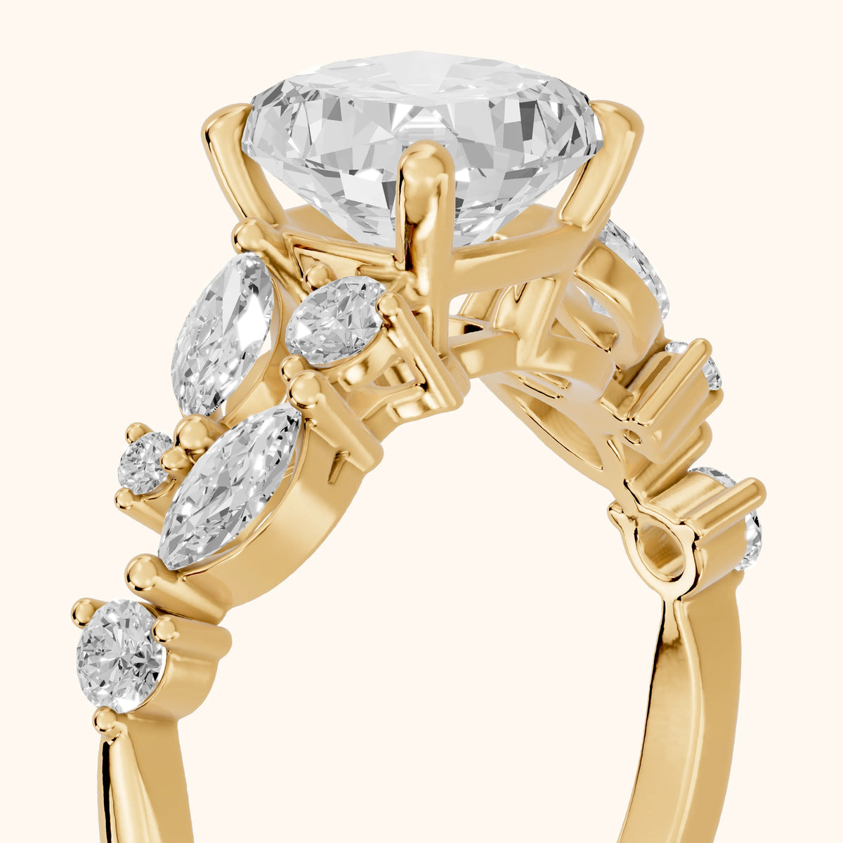 Kelsey Leaf Cluster Cushion Diamond Engagement Ring in Yellow Gold - slant-view.webp