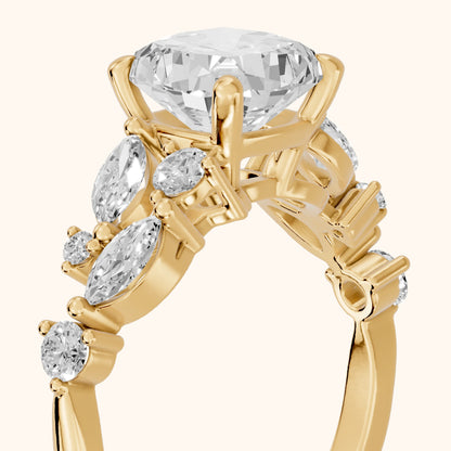 Kelsey Leaf Cluster Cushion Diamond Engagement Ring in Yellow Gold - slant-view.webp