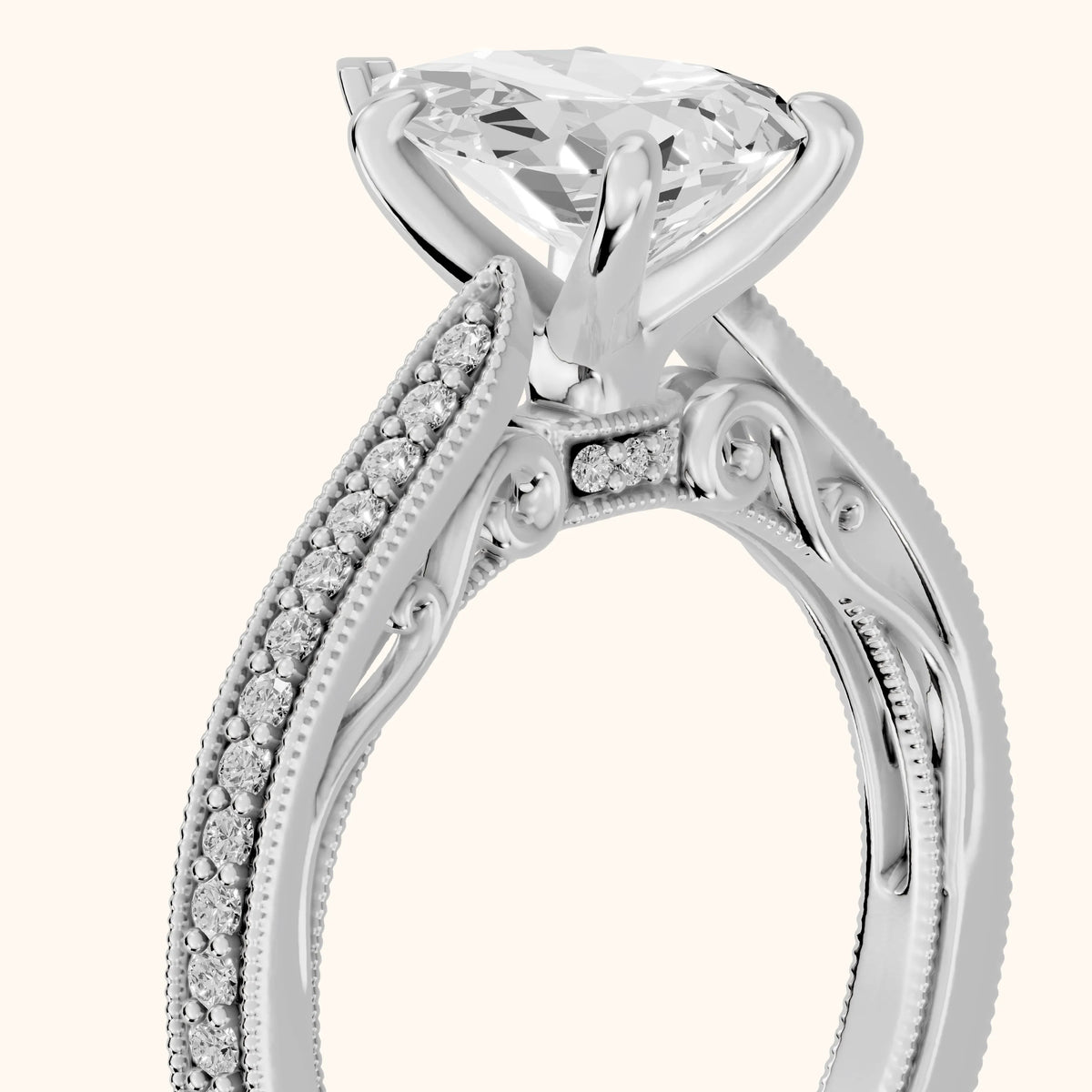 Camellia Milgrain Pavé Pear Diamond Engagement Ring in Silver - slant-view.webp