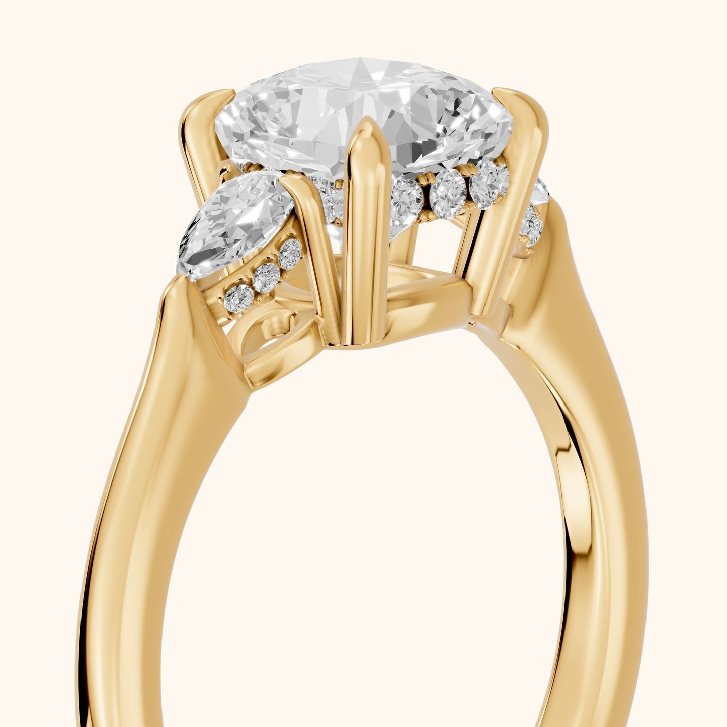 Leila Three-Stone Cushion Diamond Engagement Ring in Yellow Gold - slant-view.webp