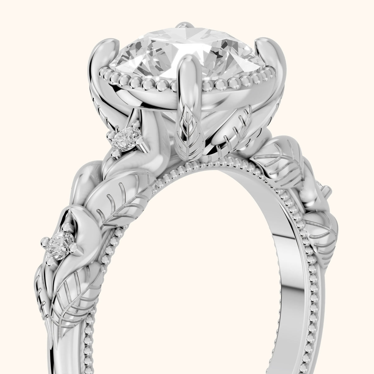 Pelham Vintage Leaf Round Diamond Engagement Ring in Platinum - slant-view.webp