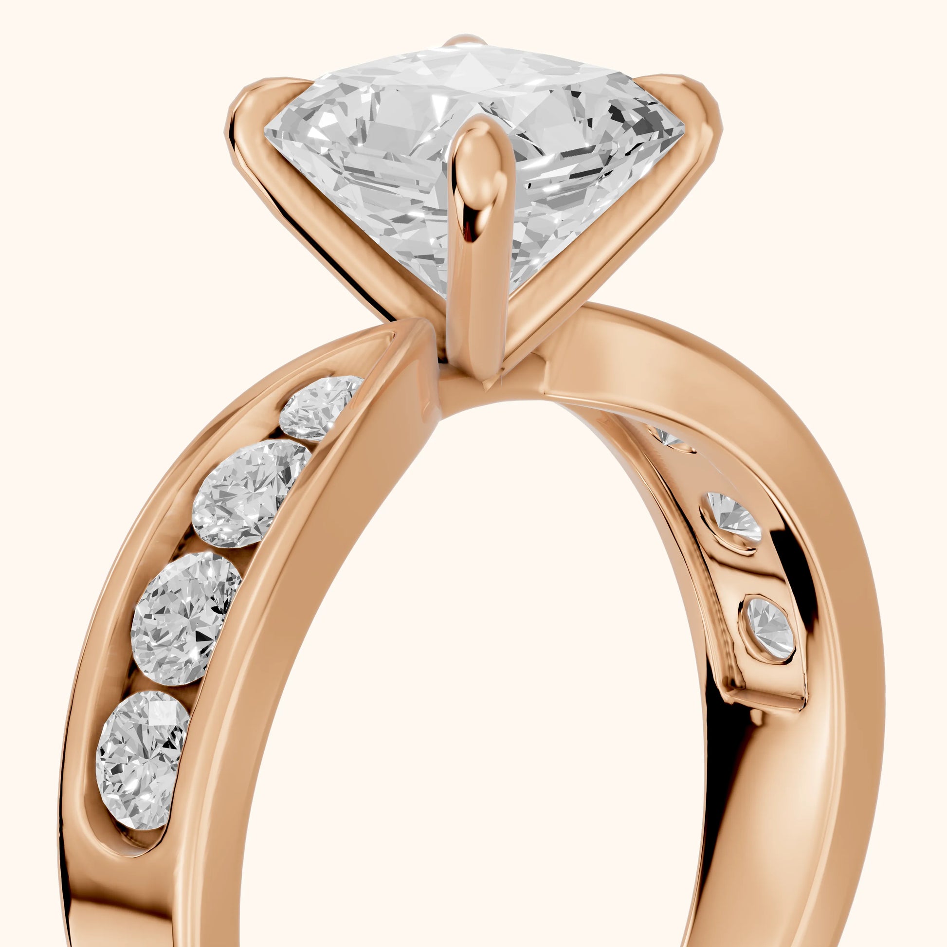 Noor Channel Set Sidestone Radiant Diamond Engagement Ring in Rose Gold - slant-view.webp