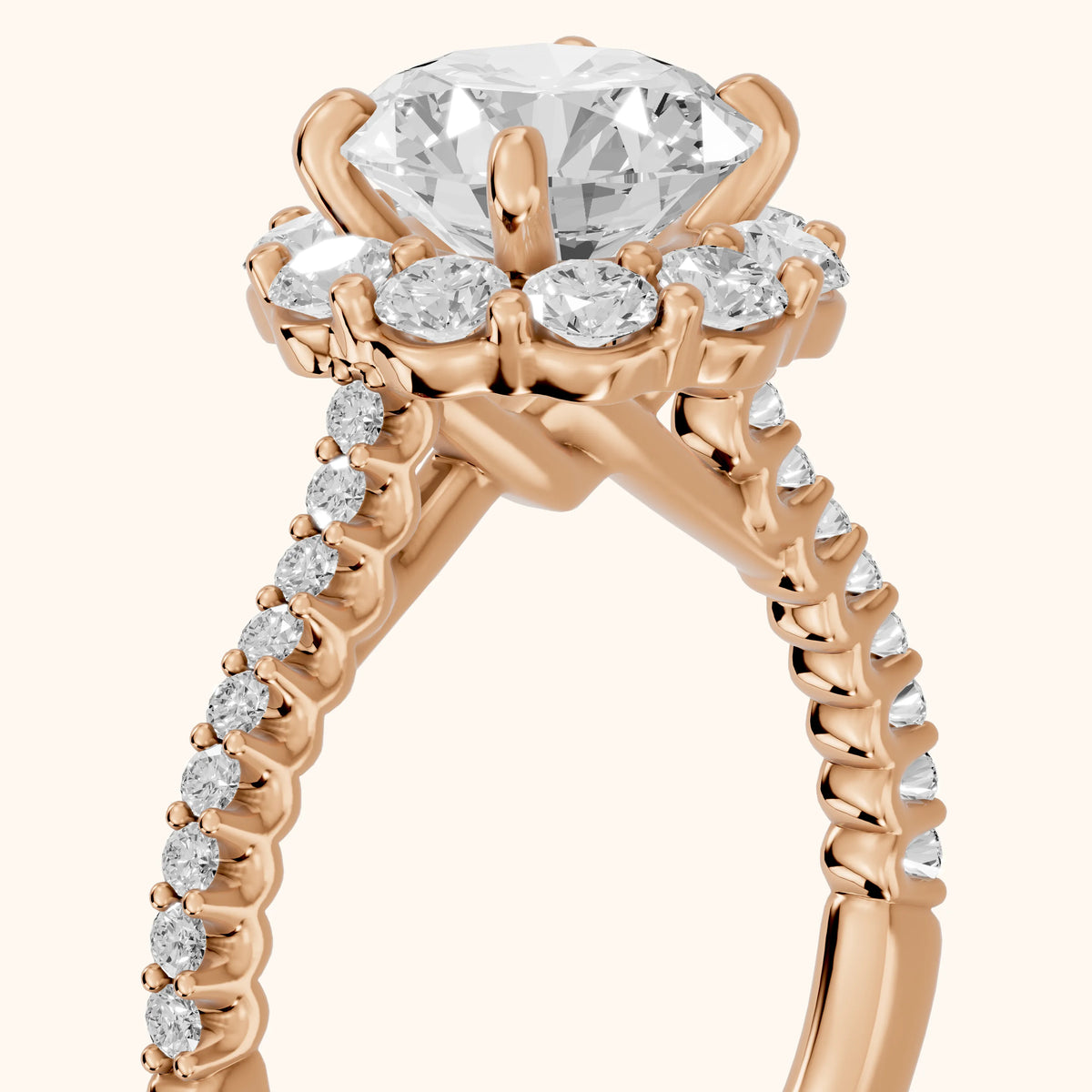 Hallie Floral Halo Round Diamond Engagement Ring in Rose Gold - slant-view.webp