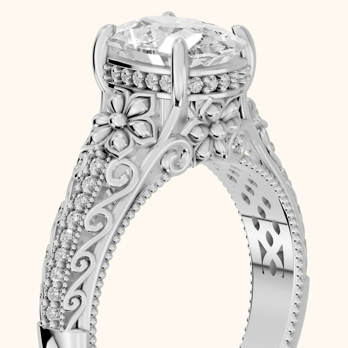 Mystic Hidden Halo Floral Cushion Diamond Engagement Ring in Platinum - slant-view.webp