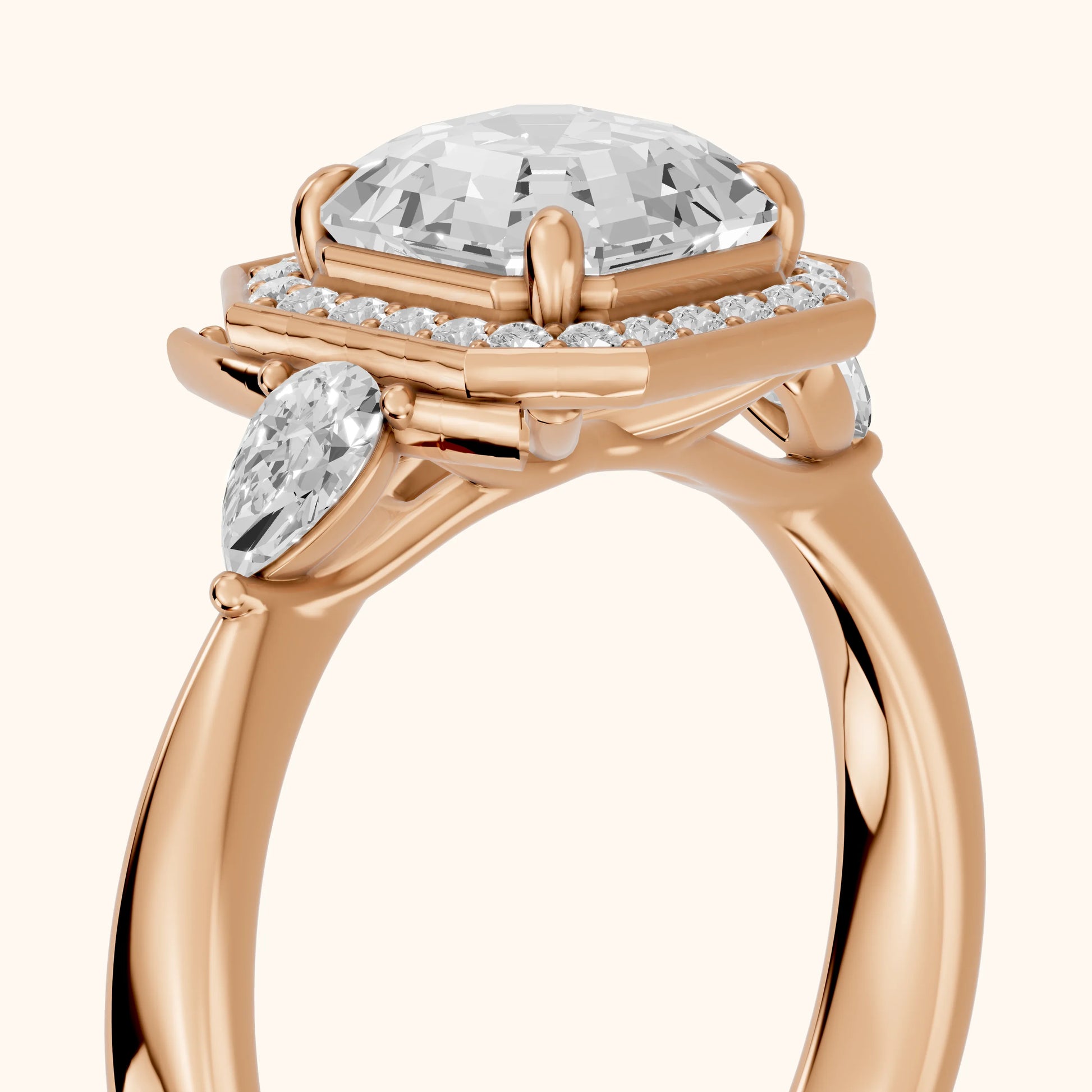 Eliza Halo Sidestone Asscher Diamond Engagement Ring in Rose Gold - slant-view.webp