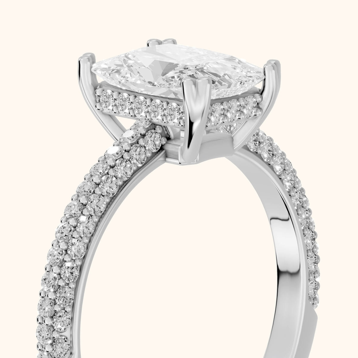 Celeste Hidden Halo Pavé Radiant Diamond Engagement Ring in White Gold - slant-view.webp