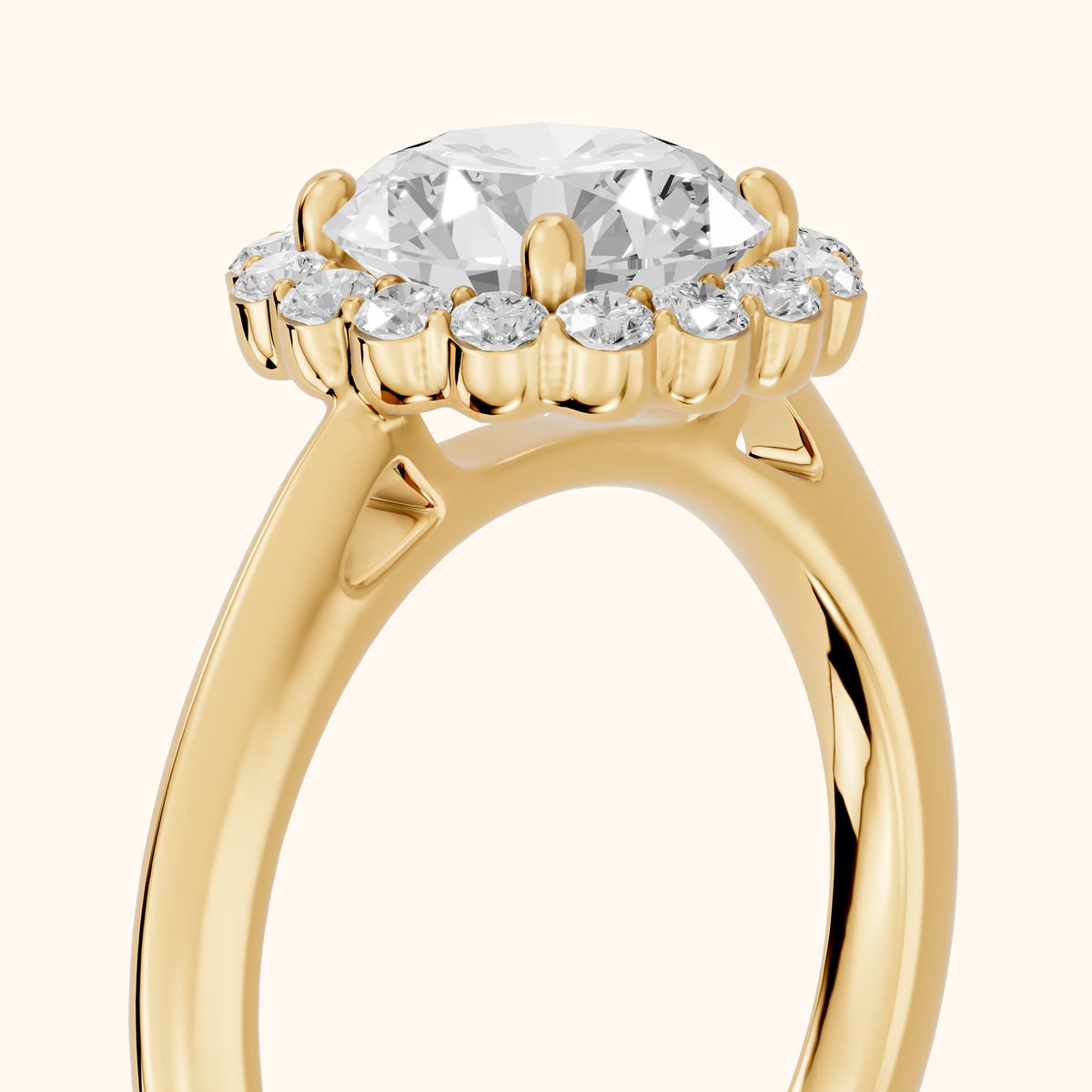 Rae Floral Halo Round Diamond Engagement Ring in Yellow Gold - slant-view.webp