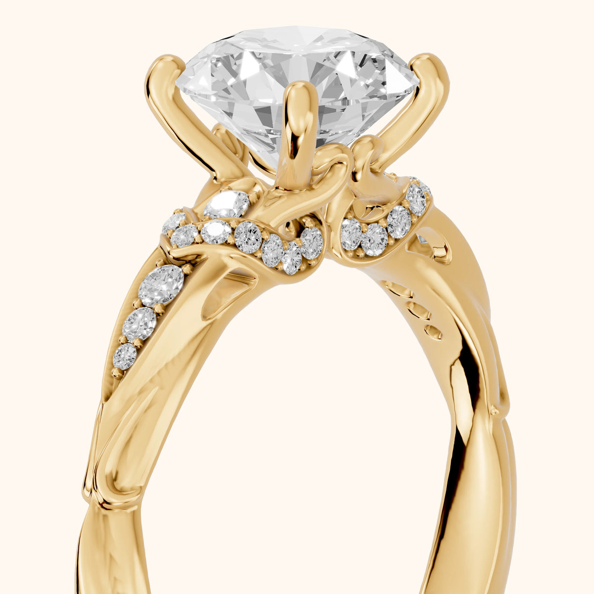 Aster Twist Pavé Round Diamond Engagement Ring in Yellow Gold - slant-view.webp