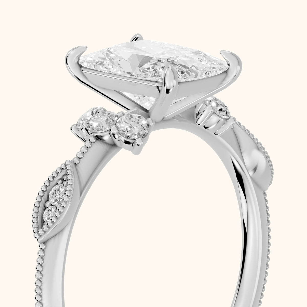 Naomi Vintage Milgrain Radiant Diamond Engagement Ring in White Gold - slant-view.webp
