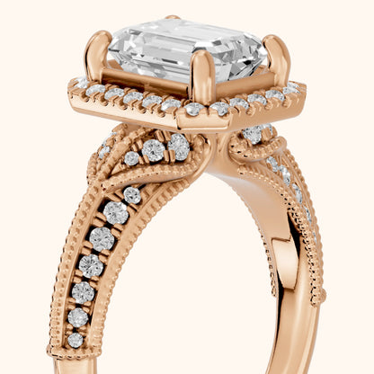 Logan Milgrain Halo Emerald Diamond Engagement Ring in Rose Gold - slant-view.webp