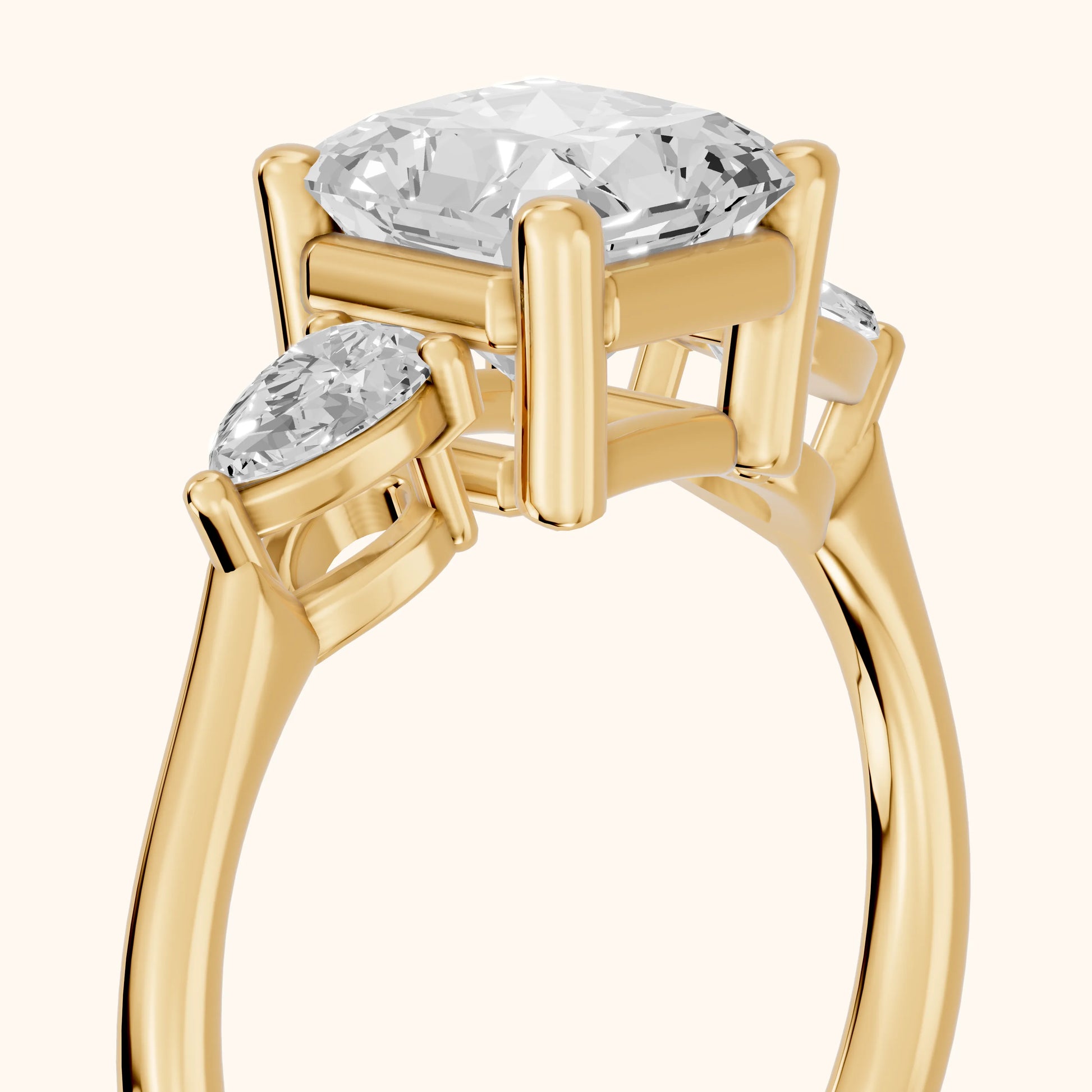 Faye Three-Stone Trellis Radiant Diamond Ring in Yellow Gold - slant-view.webp