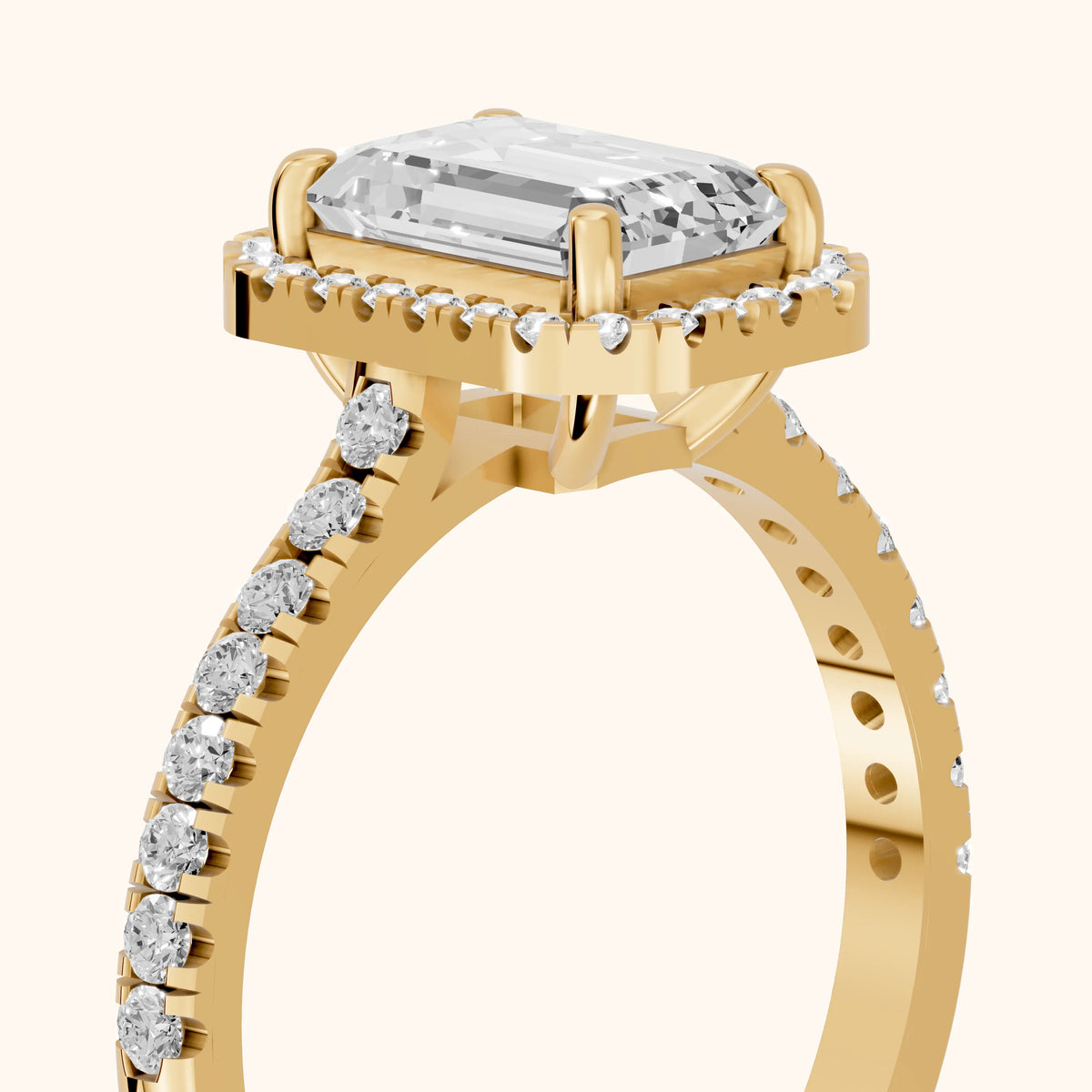 Mabel Halo French Pavé Emerald Diamond Engagement Ring in Yellow Gold - slant-view.webp