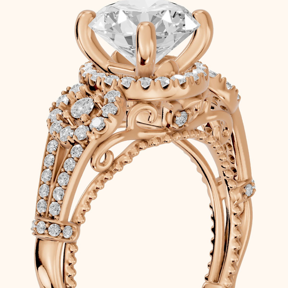 Maggie Vintage Halo Round Diamond Engagement Ring in Rose Gold - slant-view.webp