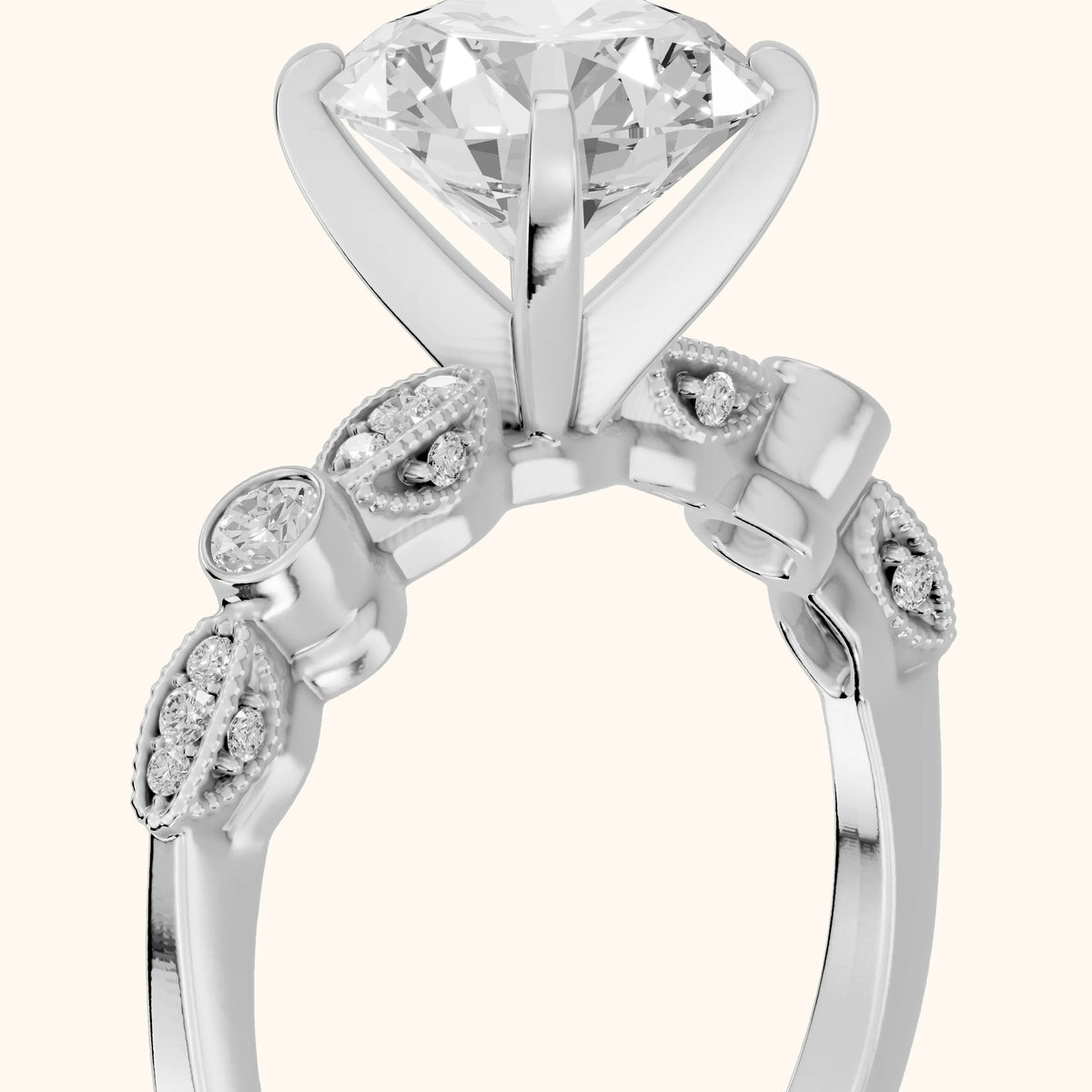 Heidi Vintage Milgrain Round Diamond Engagement Ring in Silver - slant-view.webp