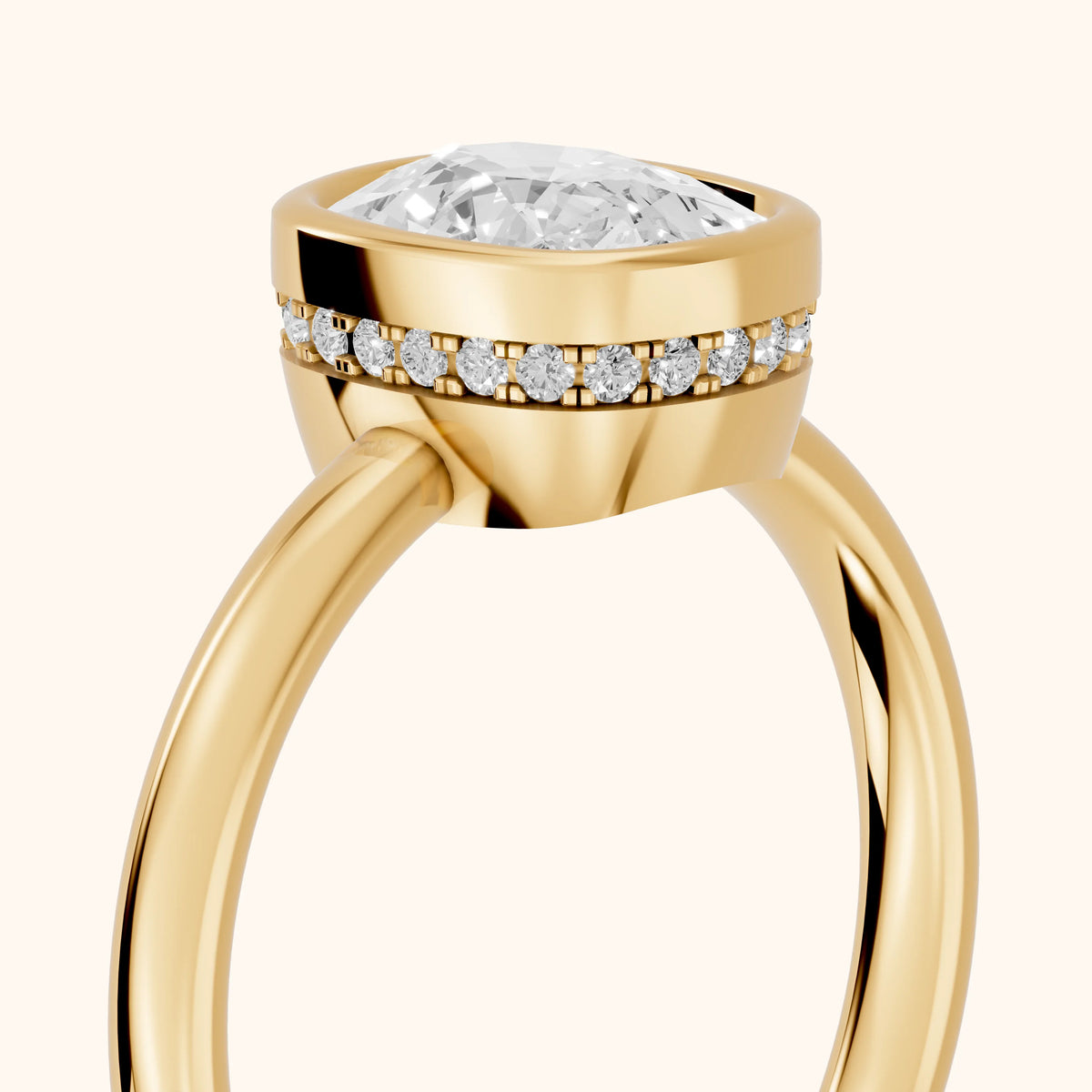 Carina Bezel Hidden Halo Cushion Diamond Engagement Ring in Yellow Gold - slant-view.webp