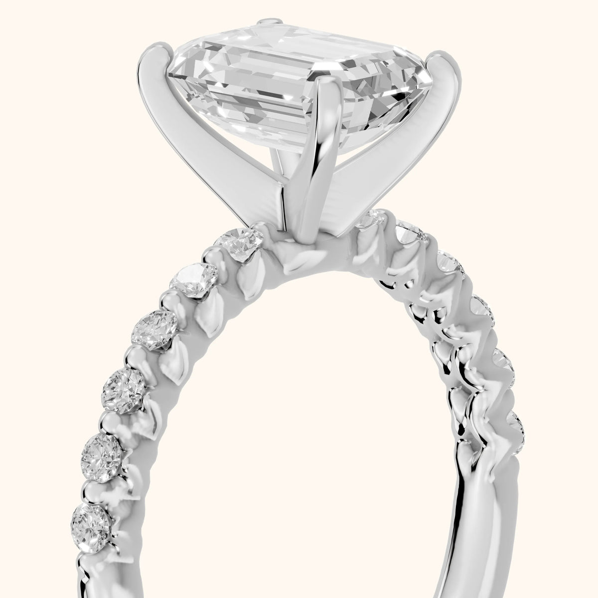 Lilia Beaded Pavé Emerald Diamond Engagement Ring in White Gold - slant-view.webp