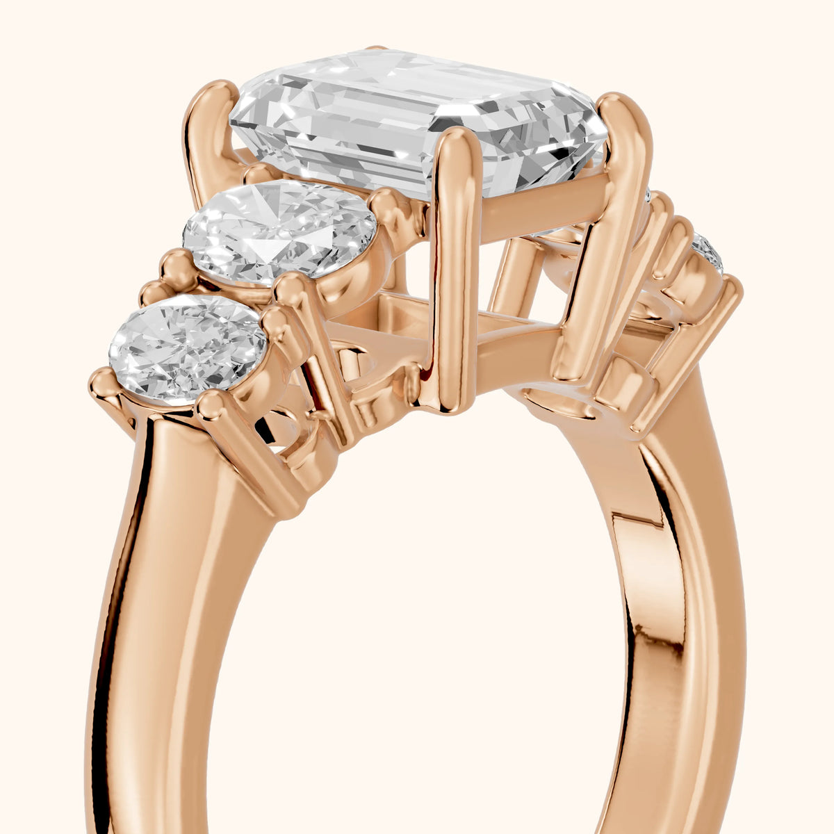 Judith Statement Five-Stone Emerald Diamond Engagement Ring in Rose Gold - slant-view.webp